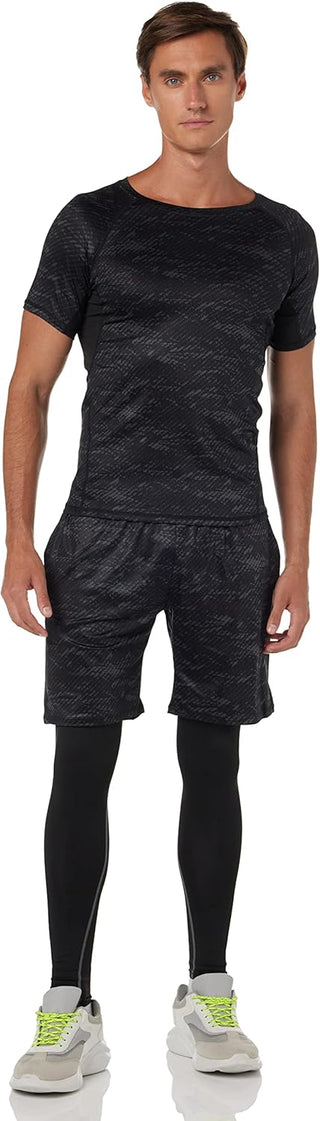 SKY-TOUCH Sports Running Compression Sets, Mens Sportswear 3 pack Quick Dry Fitness Workout Suits with Basic T Shirts, Loose Fitting Shorts, Compression Pants, Size M-3XL