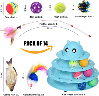 STOREAL 14 PCS Cat Toys for Indoor Cats, Kitten Toys, Interactive 3 Level Cat Roller Exerciser,Cat Teaser Ball Toys, Catnip fish, Cat Mouse and Retractable Cat Feather Wand