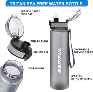 GEMFUL Water Bottle 1L with Straw Time Marker Tritan BPA Free for Fitness Gym Outdoor Sports (Green/black)