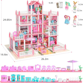 Doll House, Dream Dollhouse for Girls, Pretend-Play DIY Dollhouse Kit - 4-Story 11 Rooms Playhouse with 4 Dolls Toy Figures, Furniture and Accessories Set (Big Pink Dollhouse)