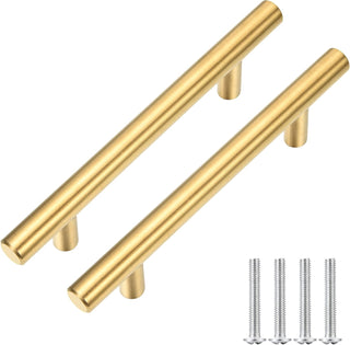 Kitmose 15 Pack Cabinet Pulls Brushed Gold Stainless Steel T Bar Pull Handles for Furniture Kitchen Cabinet Cupboard Drawer Door Handle Pull Knobs (Overall Length 6", Hole Center 3-3/4")