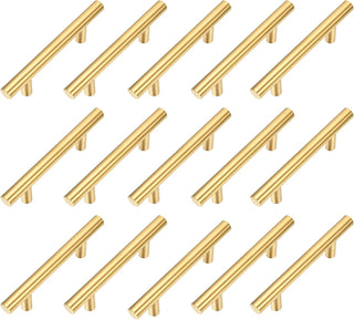 Kitmose 15 Pack Cabinet Pulls Brushed Gold Stainless Steel T Bar Pull Handles for Furniture Kitchen Cabinet Cupboard Drawer Door Handle Pull Knobs (Overall Length 6", Hole Center 3-3/4")