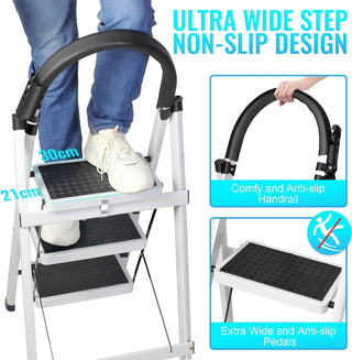 SKY-TOUCH Foldable Ladder 3 Steps, Home Ladder Folding Step Stool with Wide Anti-Slip Pedal, Adults Folding Sturdy Steel Ladder for Home,Kitchen, Garden, Office