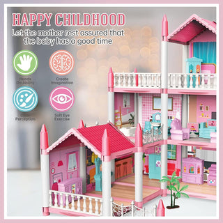 Beauenty Doll House Building Toys with Lights to Assemble Kitchen, Bedroom, Furniture, Garden, Dolls, Pets, Pink Play Dream House for Girls, Girls Toddler DIY Ideas Gifts (PINK 14 Rooms)