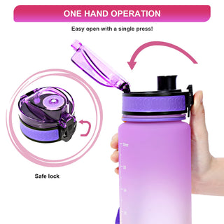 GEMFUL Water Bottle 1L with Straw Time Marker Tritan BPA Free for Fitness Gym Outdoor Sports (Green/black)