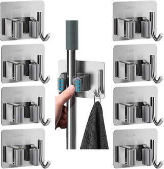 ZALCOON 4 PCS Mop Broom Holder Wall Mount - Mop Holder Self Adhesive Broom Hanger Stainless Steel for Home Garage Garden Laundry Room Storage, Kitchen Tools Organizer (With Hook)