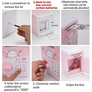 Mini ATM Savings Piggy Banks Toys for Real Money Save for Kids Girls Boys Adults, Electronic ATM Machine Coin Bank Money Saver Digital Password, Auto Scroll Cash Safe Box Gifts for Children(Pink/Cat)