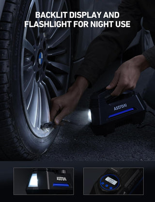 AstroAI Tyre Inflator Air Compressor 12V, Portable Electric Car Tyre Pump with Tyre Pressure Gauge, Auto-Stop Car Air Pump with Valve Adaptors and LED Light, Car Accessories, Yellow