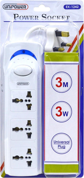 Unipower EX-1242 Power Socket with 3 Way Outlets and Extension Cord, 3 Meter Length, White