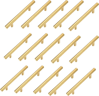 Kitmose 15 Pack Cabinet Pulls Brushed Gold Stainless Steel T Bar Pull Handles for Furniture Kitchen Cabinet Cupboard Drawer Door Handle Pull Knobs (Overall Length 6", Hole Center 3-3/4")