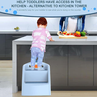U-HOOME Foldable Toddler Step Stool for Kids Kitchen Bathroom Sink,Toilet Steps Potty Training Stool,Dual Height 11" Kitchen Helper Plastic Poop Stools Ladder with Handles Nursery Foot Stools (Blue)