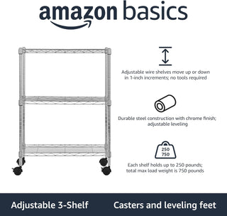 Amazon Basics 3-Shelf Adjustable, Heavy Duty Storage Shelving Unit (113.3 kilograms loading capacity per shelf), Steel Organizer Wire Rack, Black, 58.9 x 34 x 193.5 centimeters