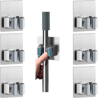 ZALCOON 4 PCS Mop Broom Holder Wall Mount - Mop Holder Self Adhesive Broom Hanger Stainless Steel for Home Garage Garden Laundry Room Storage, Kitchen Tools Organizer (With Hook)