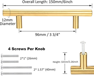 Kitmose 15 Pack Cabinet Pulls Brushed Gold Stainless Steel T Bar Pull Handles for Furniture Kitchen Cabinet Cupboard Drawer Door Handle Pull Knobs (Overall Length 6", Hole Center 3-3/4")
