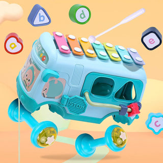 Mumoo Bear Baby Bus Musical Toy with Xylophone, Interactive Early Childhood Educational Gifts, Baby Crawling Activity Toys with Baby Cube, Suitable for Kids Ages 2+ (Pink)