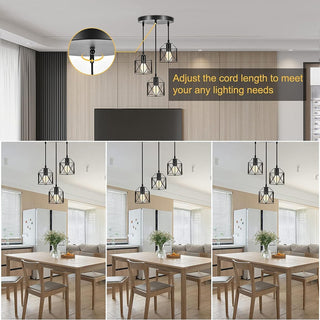 KEPHTH Industrial 3-Light Pendant Light, Adjustable Hanging Chandeliers Light Fixtures Vintage Farmhouse Pendant Lamp with Metal Caged E27 Base for Kitchen Island Dining Room Living Room