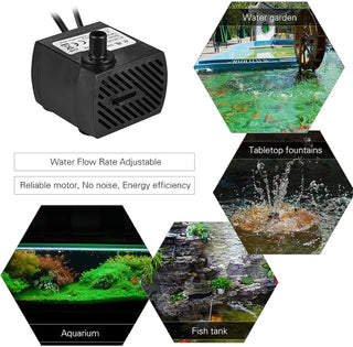Eacam 350L/H 5W Submersible Water Pump with 4 LED Light Ultra Quiet for Pond Aquarium Fish Tank Tabletop Fountain Hydroponics 4.9ft (1.5m) Power Cord- Black