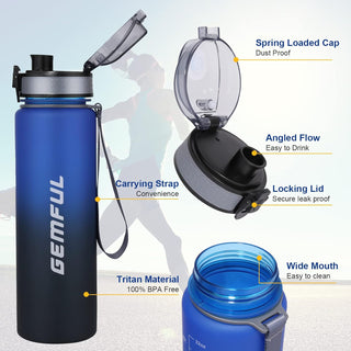 GEMFUL Water Bottle 1L with Straw Time Marker Tritan BPA Free for Fitness Gym Outdoor Sports (Green/black)