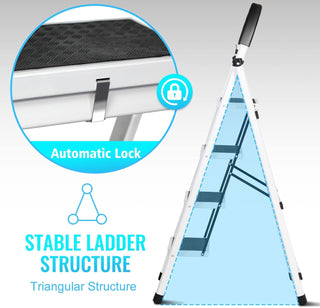SKY-TOUCH Foldable Ladder 3 Steps, Home Ladder Folding Step Stool with Wide Anti-Slip Pedal, Adults Folding Sturdy Steel Ladder for Home,Kitchen, Garden, Office