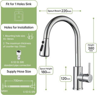 DAYONE Waterfall Kitchen Sink Tap with Pull Out Sprayer, Matte Black Kitchen Faucet Raindance 3 Modes, Modern Stainless Steel 1 Hole Sink Mixer, 360° Swivel & Single Handle, DAY-CR2546