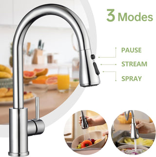 DAYONE Waterfall Kitchen Sink Tap with Pull Out Sprayer, Matte Black Kitchen Faucet Raindance 3 Modes, Modern Stainless Steel 1 Hole Sink Mixer, 360° Swivel & Single Handle, DAY-CR2546