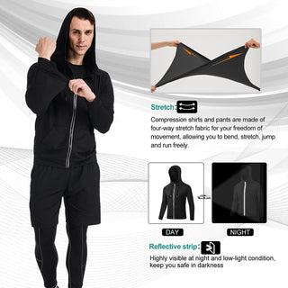 Moonmen 5pcs Mens Sports Gym Fitness Running Clothing Set, Hoodies Jackets, Long Short Sleeve, Basic T Shirts, Loose Fitting Shorts, Compression Pants Workout Training Tracksuits