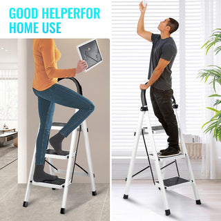 SKY-TOUCH Foldable Ladder 3 Steps, Home Ladder Folding Step Stool with Wide Anti-Slip Pedal, Adults Folding Sturdy Steel Ladder for Home,Kitchen, Garden, Office