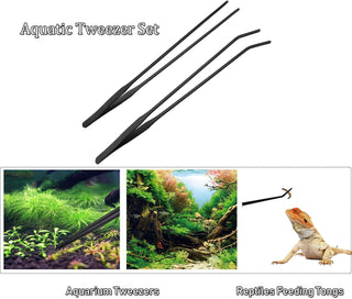 HRASY Black Aquarium Tweezers Set Stainless Steel Straight and Curved Tweezers Long Handle Reptile Feeding Tongs for Fish Tank Aquatic Plants, Pack of 2, 10.6 Inch