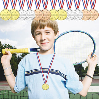 Party with Emma 30 Pcs Mini Gold Medals for Kids 1.5-Inch Participation Awards Neck Ribbon for Sports Tournaments Competitions Kids Awards Gold Medals Winner