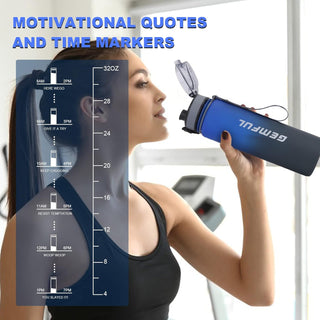 GEMFUL Water Bottle 1L with Straw Time Marker Tritan BPA Free for Fitness Gym Outdoor Sports (Green/black)