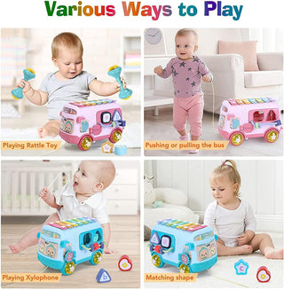 Mumoo Bear Baby Bus Musical Toy with Xylophone, Interactive Early Childhood Educational Gifts, Baby Crawling Activity Toys with Baby Cube, Suitable for Kids Ages 2+ (Pink)