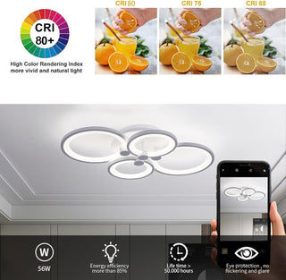 Qcyuui Dimmable Modern Ceiling Light, Acrylic LED Round Flush Mount Lighting Fixtures, 56W 4-Lights 56cm Indoor White Ceiling Lamp with Remote for Living Room Kitchen Bedroom Dining Room Office