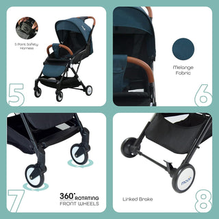 MOON Ritzi Light Weight Travel Cabin Stroller/Pushchair for Baby/Kids/Toddler from 0 Months+ Upto 15 kg, Black/Blue Dots