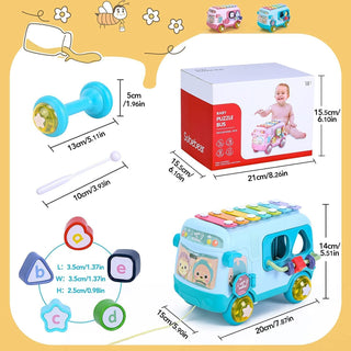 Mumoo Bear Baby Bus Musical Toy with Xylophone, Interactive Early Childhood Educational Gifts, Baby Crawling Activity Toys with Baby Cube, Suitable for Kids Ages 2+ (Pink)