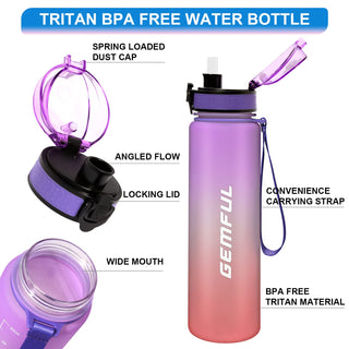 GEMFUL Water Bottle 1L with Straw Time Marker Tritan BPA Free for Fitness Gym Outdoor Sports (Green/black)