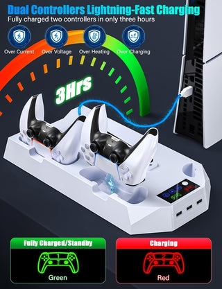 CENXI for Playstation 5 Slim&PS5 Console,Vertical Stand Base for PS5 Disc/Digital Edition Dual PS5 Controller Charger PS5 Accessory Turbo Fan/3 Usb Hub/Headset Holder (-White)