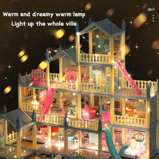 Beauenty Doll House Building Toys with Lights to Assemble Kitchen, Bedroom, Furniture, Garden, Dolls, Pets, Pink Play Dream House for Girls, Girls Toddler DIY Ideas Gifts (PINK 14 Rooms)
