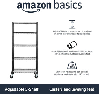 Amazon Basics 3-Shelf Adjustable, Heavy Duty Storage Shelving Unit (113.3 kilograms loading capacity per shelf), Steel Organizer Wire Rack, Black, 58.9 x 34 x 193.5 centimeters