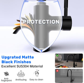 DAYONE Waterfall Kitchen Sink Tap with Pull Out Sprayer, Matte Black Kitchen Faucet Raindance 3 Modes, Modern Stainless Steel 1 Hole Sink Mixer, 360° Swivel & Single Handle, DAY-CR2546