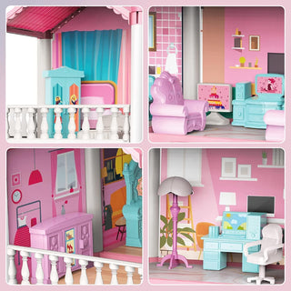 Beauenty Doll House Building Toys with Lights to Assemble Kitchen, Bedroom, Furniture, Garden, Dolls, Pets, Pink Play Dream House for Girls, Girls Toddler DIY Ideas Gifts (PINK 14 Rooms)