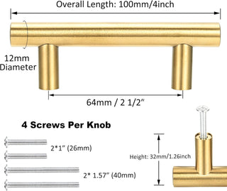 Kitmose 15 Pack Cabinet Pulls Brushed Gold Stainless Steel T Bar Pull Handles for Furniture Kitchen Cabinet Cupboard Drawer Door Handle Pull Knobs (Overall Length 6", Hole Center 3-3/4")