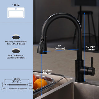DAYONE Waterfall Kitchen Sink Tap with Pull Out Sprayer, Matte Black Kitchen Faucet Raindance 3 Modes, Modern Stainless Steel 1 Hole Sink Mixer, 360° Swivel & Single Handle, DAY-CR2546
