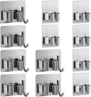 ZALCOON 4 PCS Mop Broom Holder Wall Mount - Mop Holder Self Adhesive Broom Hanger Stainless Steel for Home Garage Garden Laundry Room Storage, Kitchen Tools Organizer (With Hook)