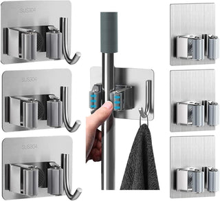 ZALCOON 4 PCS Mop Broom Holder Wall Mount - Mop Holder Self Adhesive Broom Hanger Stainless Steel for Home Garage Garden Laundry Room Storage, Kitchen Tools Organizer (With Hook)