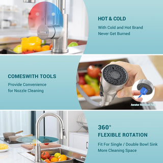 DAYONE Waterfall Kitchen Sink Tap with Pull Out Sprayer, Matte Black Kitchen Faucet Raindance 3 Modes, Modern Stainless Steel 1 Hole Sink Mixer, 360° Swivel & Single Handle, DAY-CR2546
