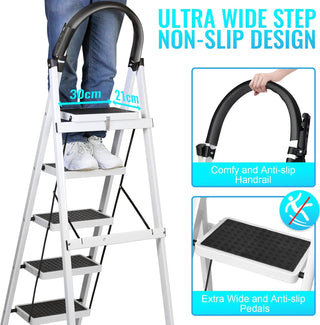 SKY-TOUCH Foldable Ladder 3 Steps, Home Ladder Folding Step Stool with Wide Anti-Slip Pedal, Adults Folding Sturdy Steel Ladder for Home,Kitchen, Garden, Office