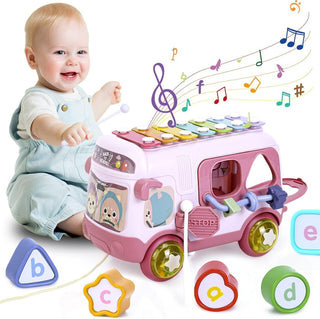 Mumoo Bear Baby Bus Musical Toy with Xylophone, Interactive Early Childhood Educational Gifts, Baby Crawling Activity Toys with Baby Cube, Suitable for Kids Ages 2+ (Pink)