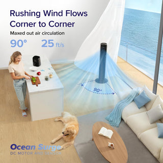 LEVOIT Tower Fan for Large Bedroom 42 Inch, 7.5m/s Powerful Electric Cooling Fan with Remote, 25 dB Quiet 90° Oscillating Bladeless Fan, 12 Speeds, 4 Modes, 12H Timer, Standing Fan for Home Office