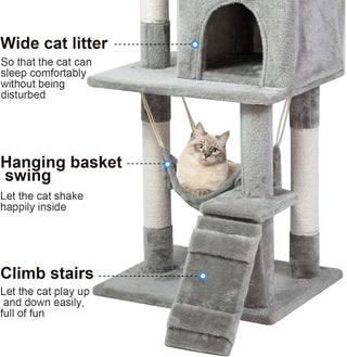 SKY-TOUCH Cat Tree Tower｜Durable Cat Condo with Sisal Scratching Posts｜Cozy Cat House,｜Ladder & Resting Platforms for Indoor Use | Assembly accessories｜120×49×39cm,Gray