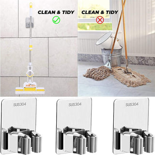 ZALCOON 4 PCS Mop Broom Holder Wall Mount - Mop Holder Self Adhesive Broom Hanger Stainless Steel for Home Garage Garden Laundry Room Storage, Kitchen Tools Organizer (With Hook)